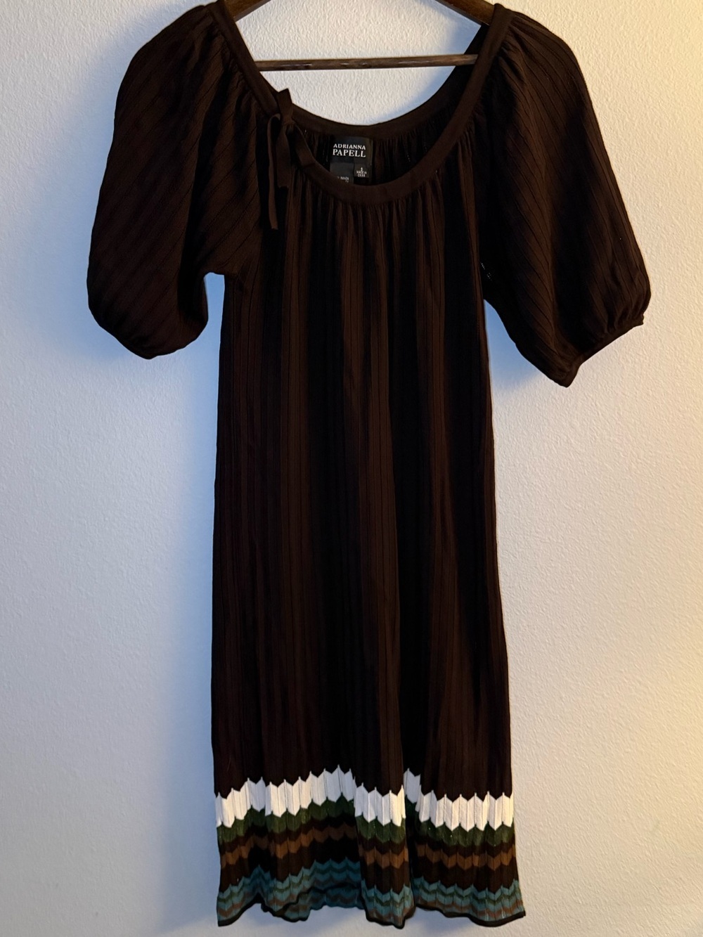 Adrianna Papell Black Midi Dress with Multi-Color Chevron Hem